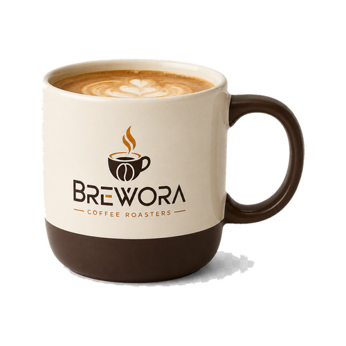 Brewora two-tone ceramic latte mug with coffee