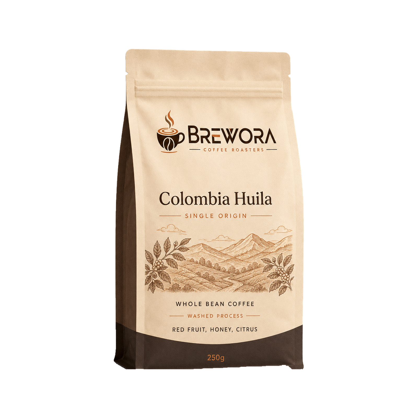 Brewora Colombia Huila Single Origin whole bean coffee bag